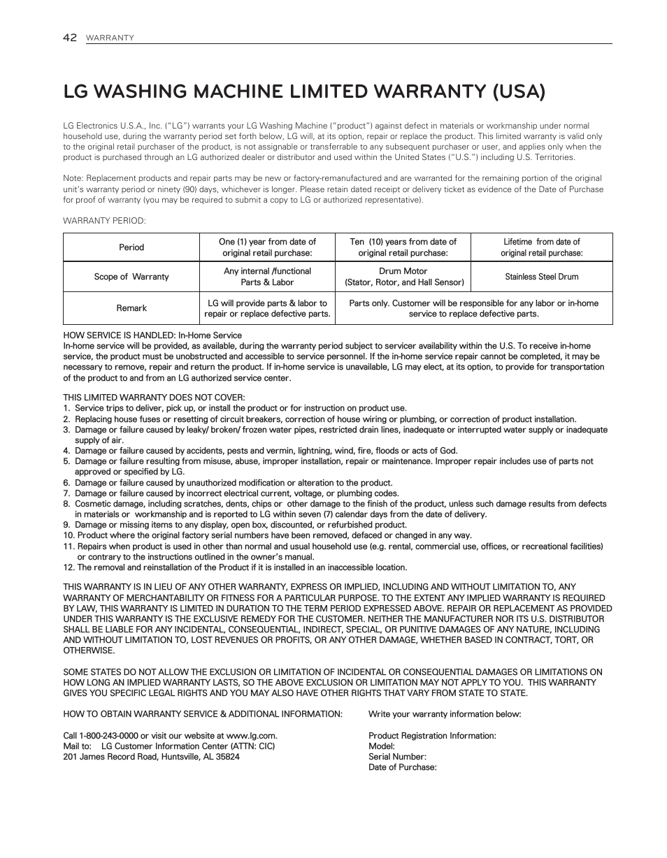 Lg washing machine limited warranty (usa) | LG WM8500HWA User Manual | Page 42 / 92