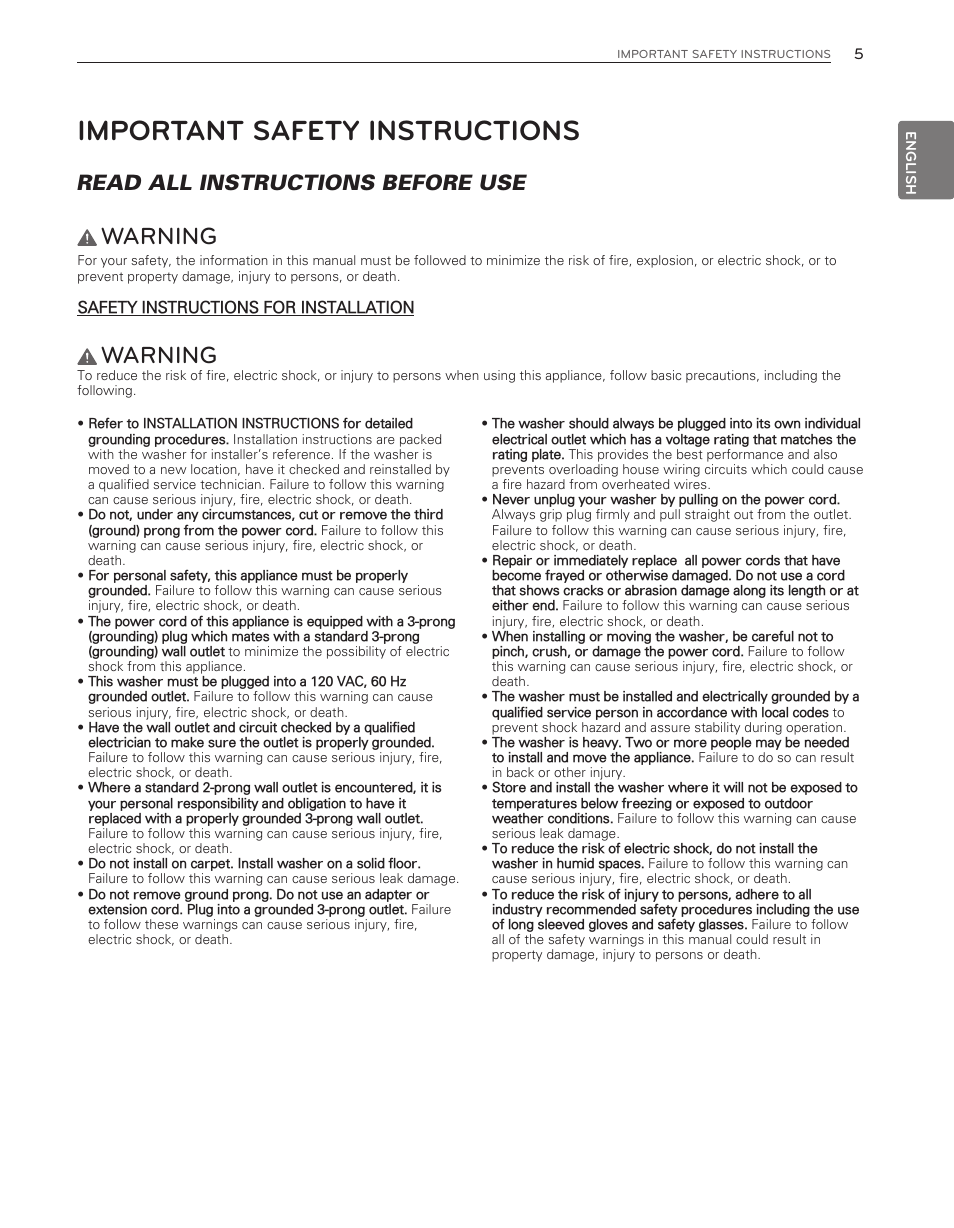 Important safety instructions, Warning, Read all instructions before use | LG WM8500HWA User Manual | Page 5 / 92