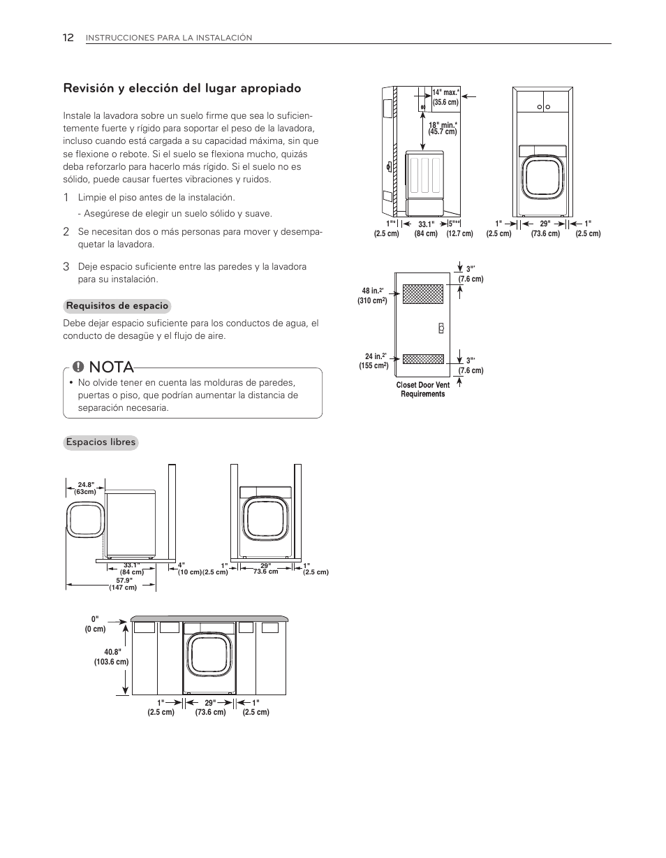 Nota, Revisión y elección del lugar apropiado, Requisitos de espacio | Espacios libres | LG WM8500HWA User Manual | Page 56 / 92