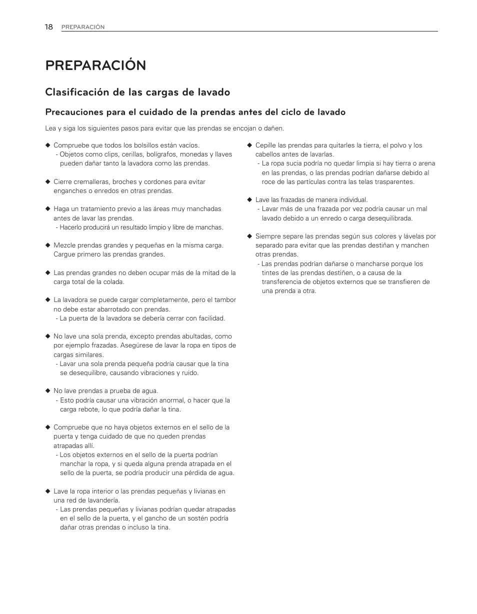 Preparación, Clasificación de las cargas de lavado | LG WM8500HWA User Manual | Page 62 / 92