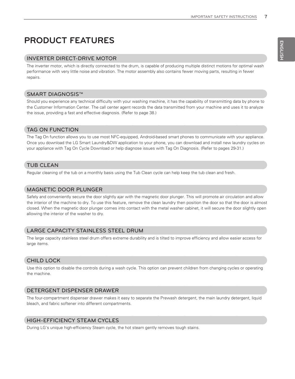 Product features | LG WM8500HWA User Manual | Page 7 / 92