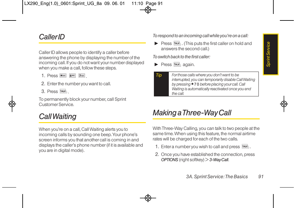 Call waiting, Making a three-way call, Caller id | LG LGLX290 User Manual | Page 103 / 141