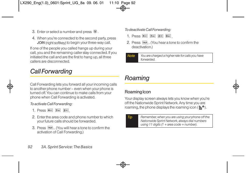 Call forwarding, Roaming | LG LGLX290 User Manual | Page 104 / 141