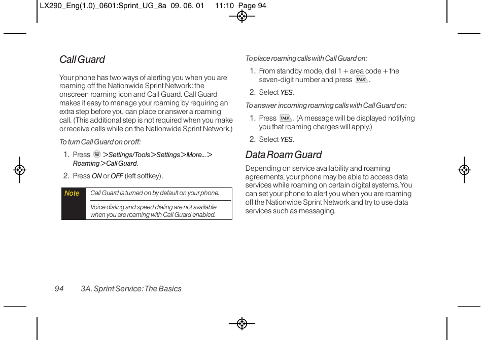 Call guard, Data roam guard | LG LGLX290 User Manual | Page 106 / 141