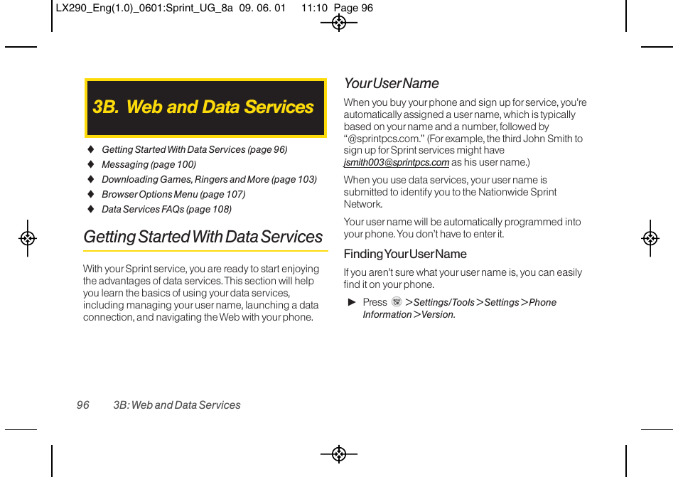 3b. web and data services, Getting started with data services, Your user name | LG LGLX290 User Manual | Page 108 / 141