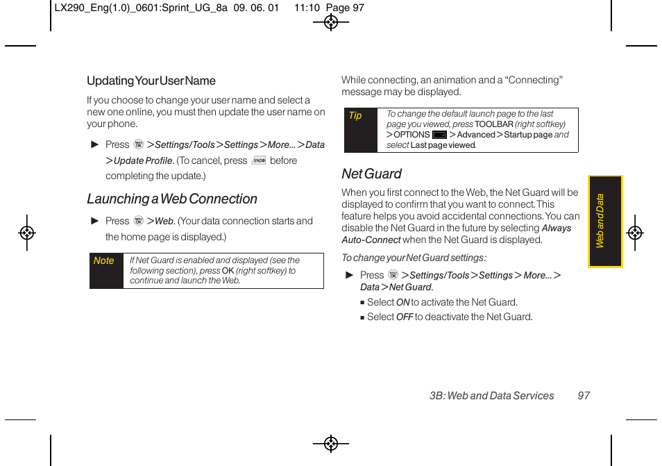 Launching a web connection, Net guard | LG LGLX290 User Manual | Page 109 / 141