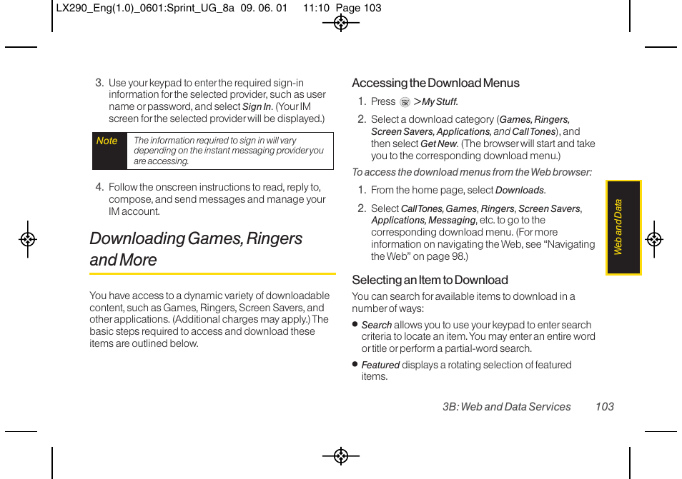 Downloading games, ringers and more | LG LGLX290 User Manual | Page 115 / 141