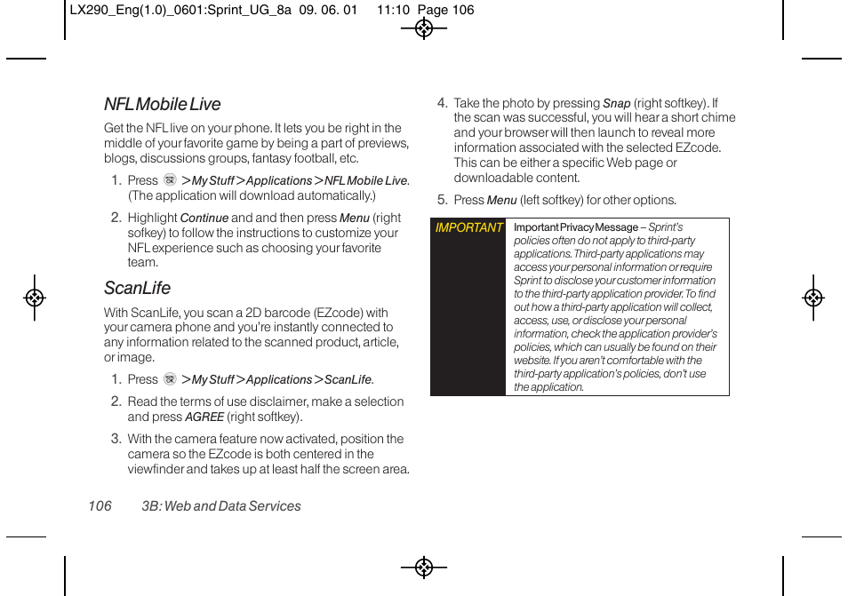 Nfl mobile live, Scanlife | LG LGLX290 User Manual | Page 118 / 141