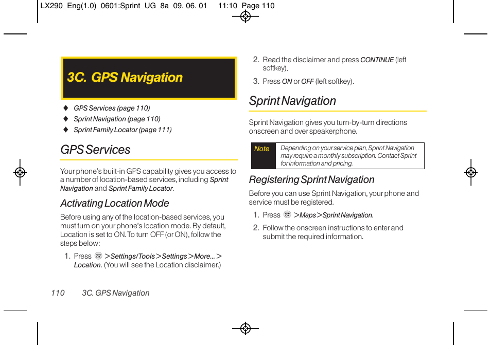 3c. gps navigation, Gps services, Sprint navigation | Activating location mode, Registering sprint navigation | LG LGLX290 User Manual | Page 122 / 141