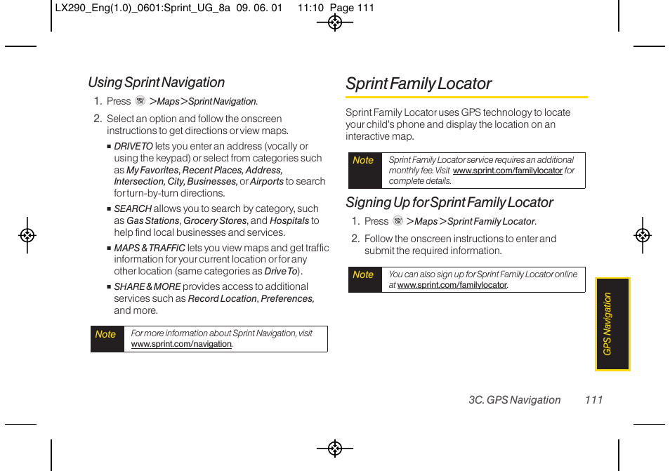 Sprint family locator, Using sprint navigation, Signing up for sprint family locator | LG LGLX290 User Manual | Page 123 / 141