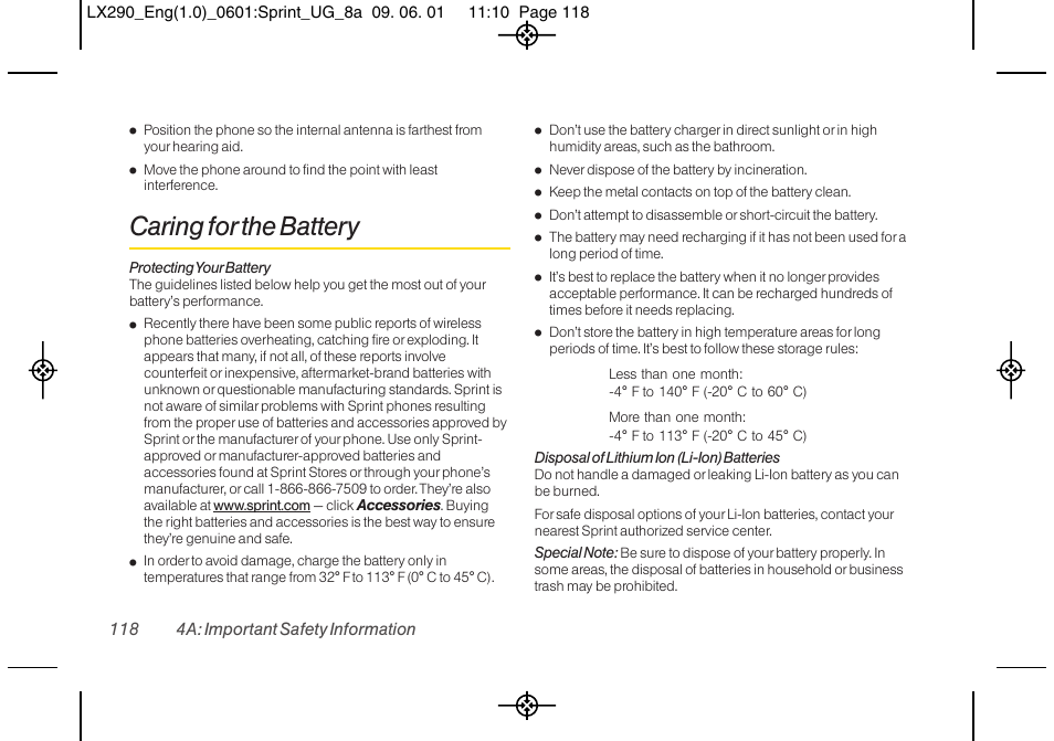 Caring for the battery | LG LGLX290 User Manual | Page 130 / 141