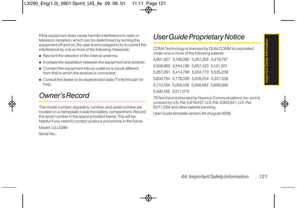Owner’s record, User guide proprietary notice | LG LGLX290 User Manual | Page 133 / 141