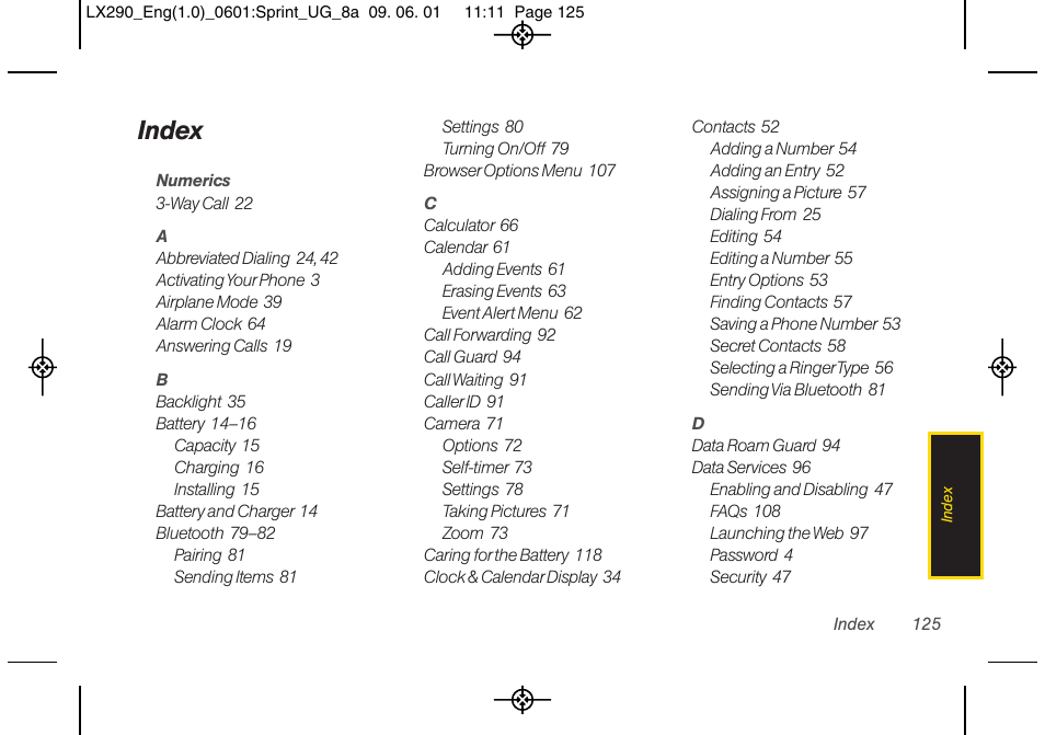 Index | LG LGLX290 User Manual | Page 137 / 141