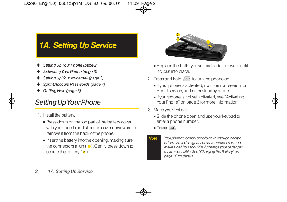 1a. setting up service, Setting up your phone | LG LGLX290 User Manual | Page 14 / 141