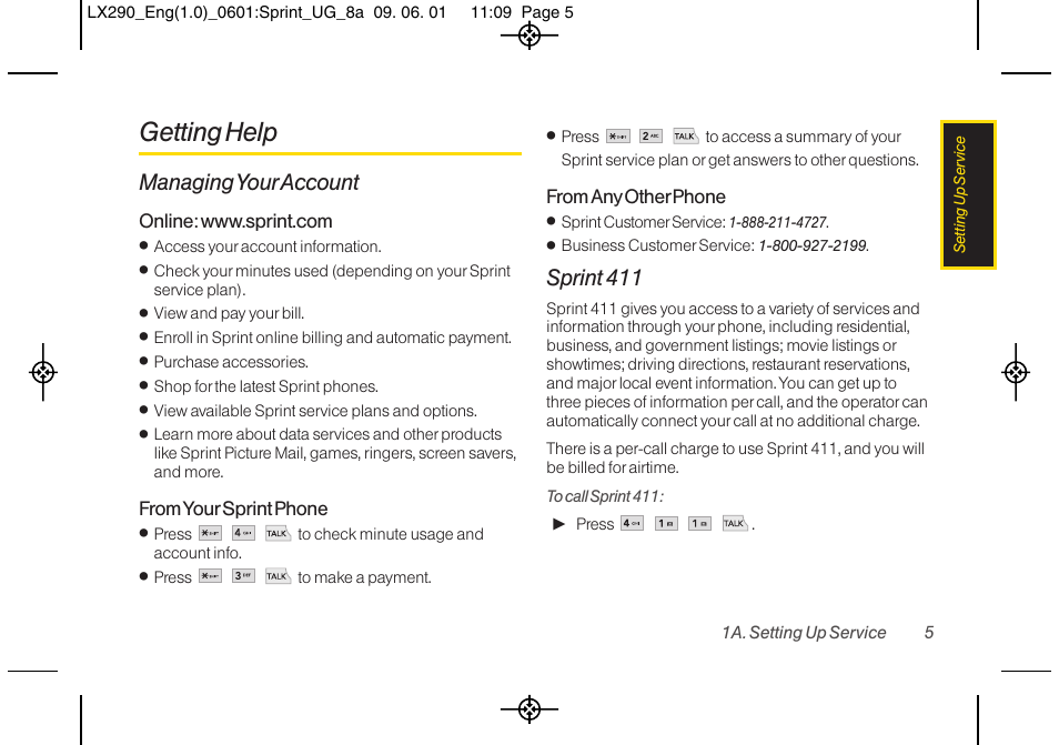Getting help, Managing your account, Sprint 411 | LG LGLX290 User Manual | Page 17 / 141