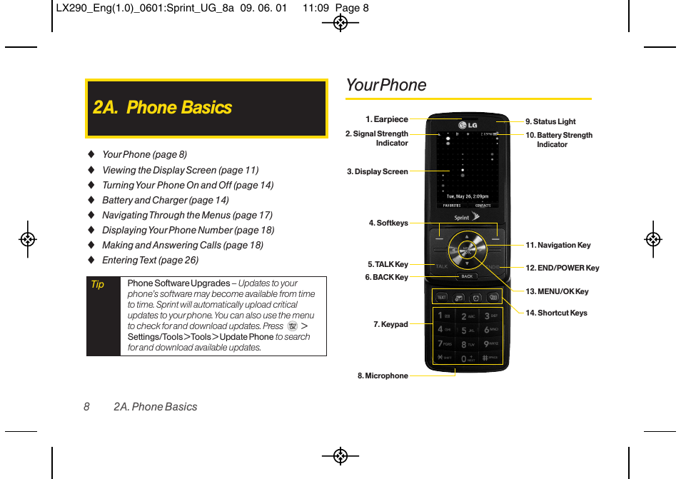 2a. phone basics, Your phone | LG LGLX290 User Manual | Page 20 / 141