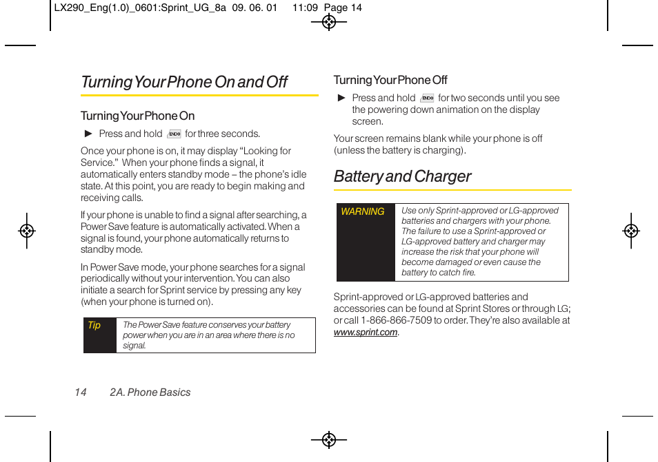 Turning your phone on and off, Battery and charger | LG LGLX290 User Manual | Page 26 / 141
