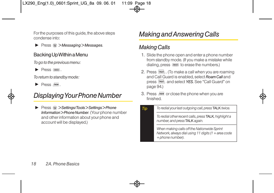 Displayingyour phone number, Making and answering calls, Making calls | LG LGLX290 User Manual | Page 30 / 141