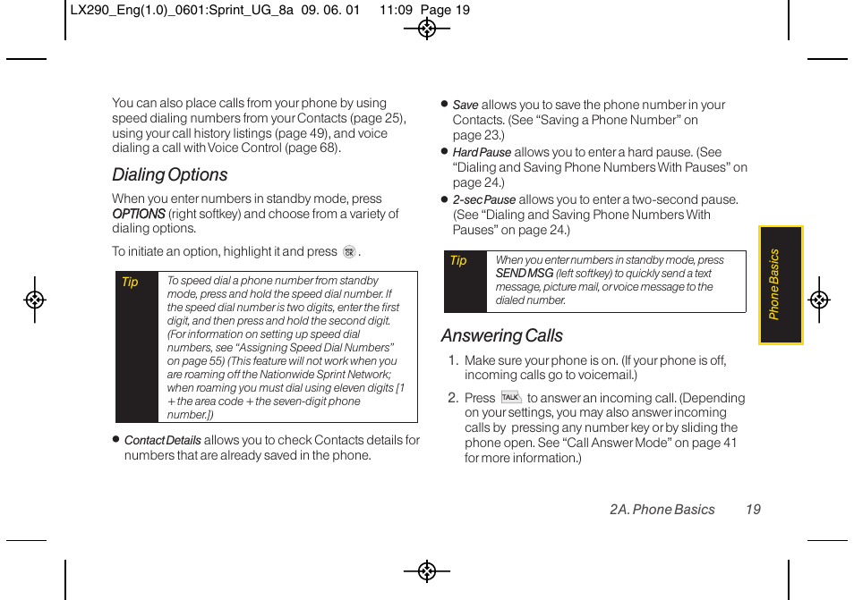 Dialing options, Answering calls | LG LGLX290 User Manual | Page 31 / 141