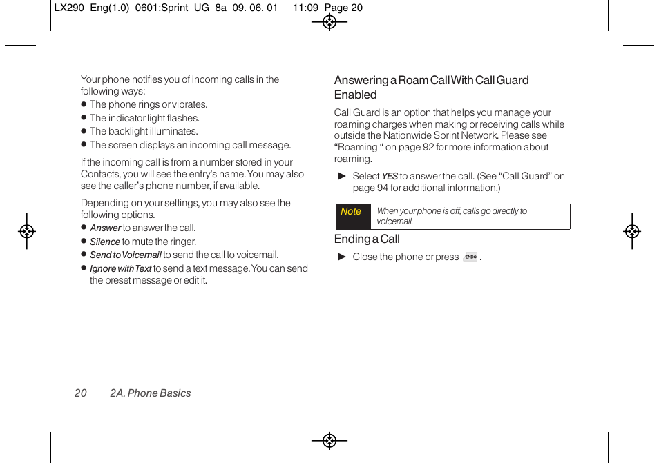 Answering a roam call with call guard enabled, Ending a call | LG LGLX290 User Manual | Page 32 / 141