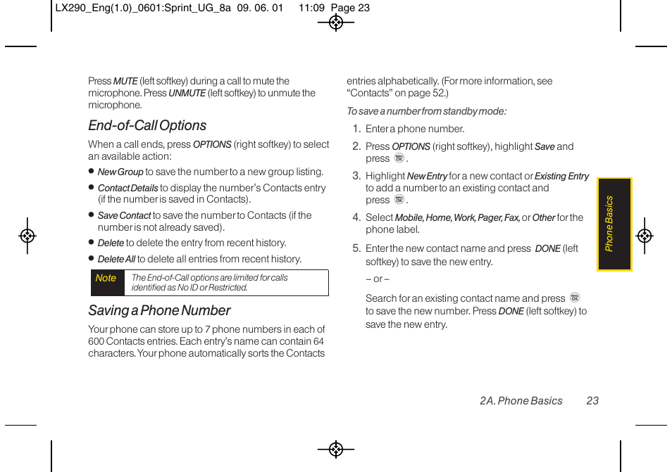 End-of-call options, Saving a phone number | LG LGLX290 User Manual | Page 35 / 141