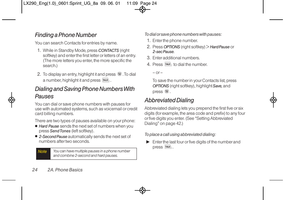 Finding a phone number, Dialing and saving phone numbers with pauses, Abbreviated dialing | LG LGLX290 User Manual | Page 36 / 141