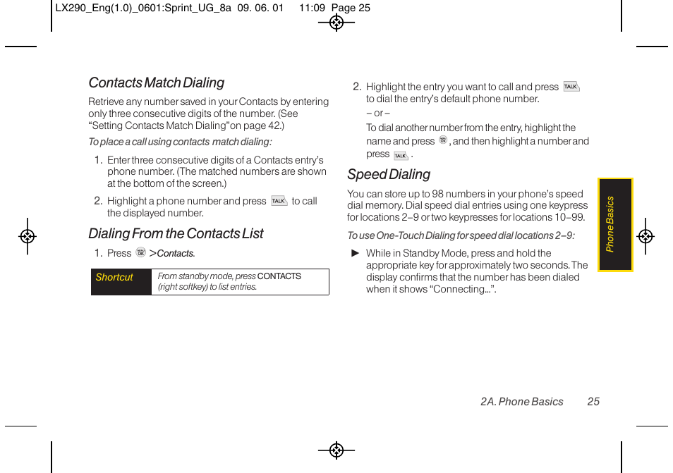 Contacts match dialing, Dialing from the contacts list, Speed dialing | LG LGLX290 User Manual | Page 37 / 141