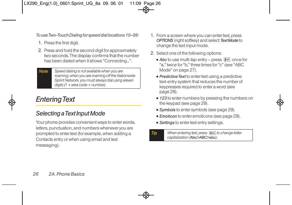 Entering text, Selecting a text input mode | LG LGLX290 User Manual | Page 38 / 141