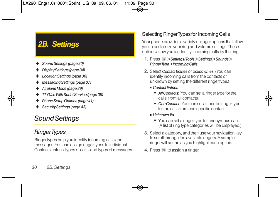 2b. settings, Sound settings, Ringertypes | LG LGLX290 User Manual | Page 42 / 141