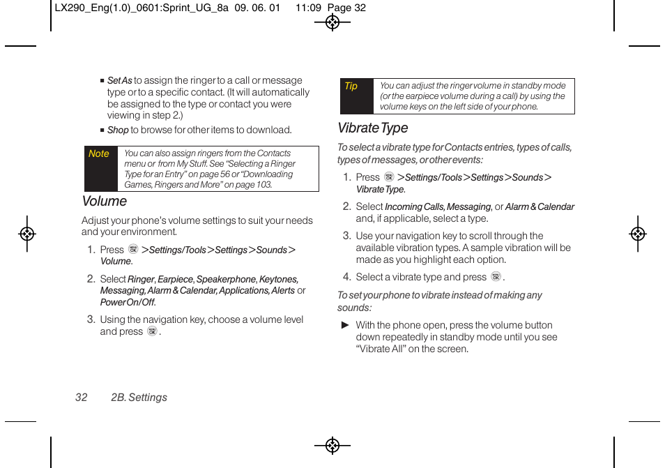 Volume, Vibrate type | LG LGLX290 User Manual | Page 44 / 141