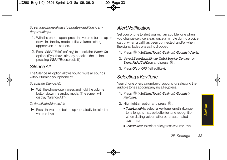 Silence all, Alert notification, Selecting a key tone | LG LGLX290 User Manual | Page 45 / 141