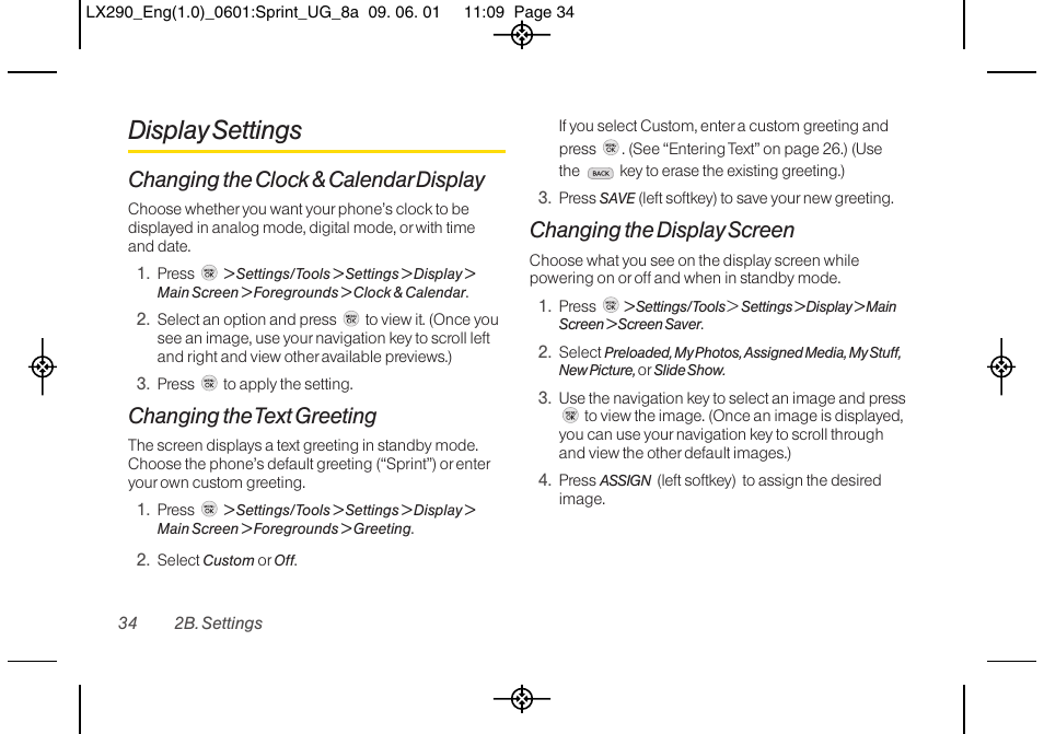 Display settings, Changing the clock & calendar display, Changing the text greeting | Changing the display screen | LG LGLX290 User Manual | Page 46 / 141