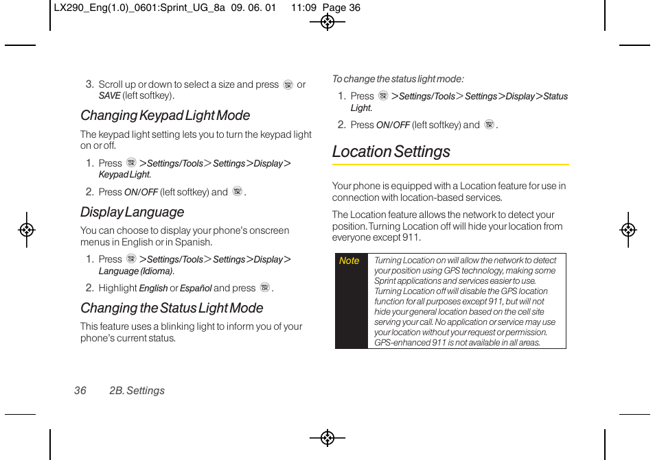 Location settings, Changing keypad light mode, Display language | Changing the status light mode | LG LGLX290 User Manual | Page 48 / 141