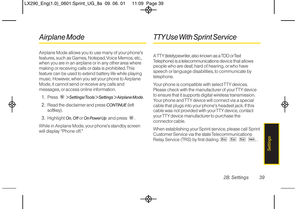 Airplane mode, Tty usewith sprint service | LG LGLX290 User Manual | Page 51 / 141
