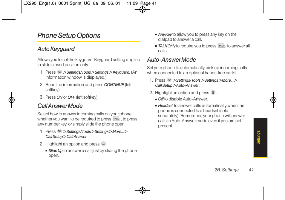 Phone setup options, Auto keyguard, Call answer mode | Auto-answer mode | LG LGLX290 User Manual | Page 53 / 141