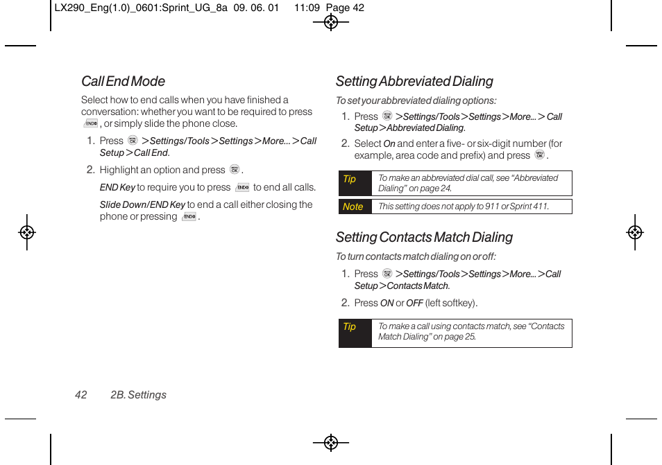 Call end mode, Setting abbreviated dialing, Setting contacts match dialing | LG LGLX290 User Manual | Page 54 / 141