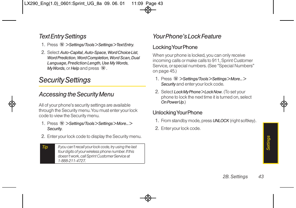 Security settings, Text entry settings, Accessing the security menu | Your phone’s lock feature | LG LGLX290 User Manual | Page 55 / 141