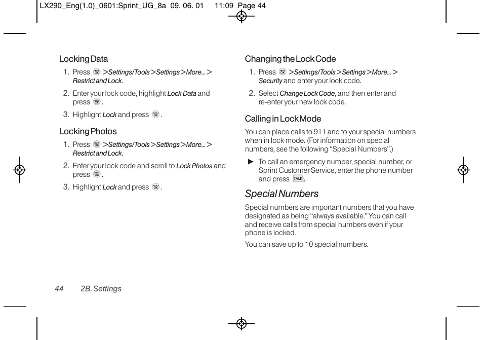 Special numbers | LG LGLX290 User Manual | Page 56 / 141