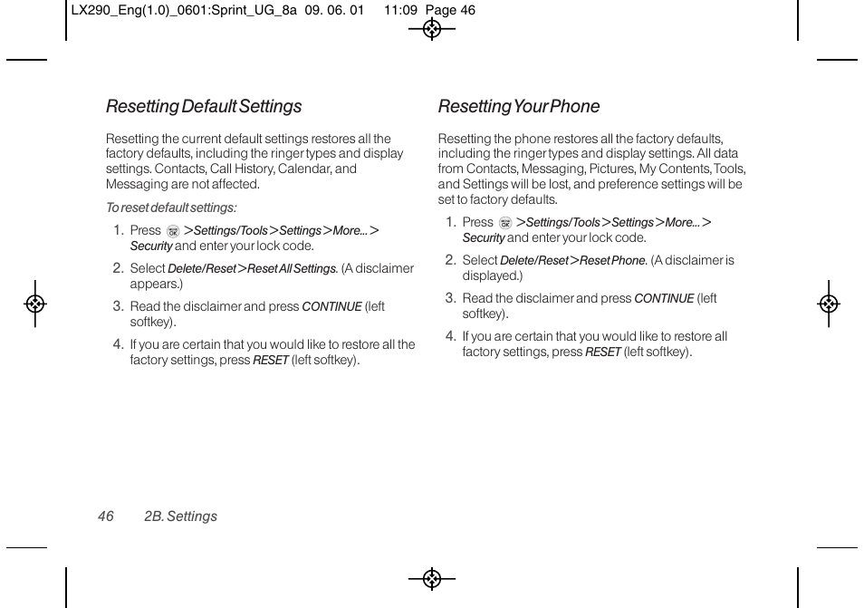 Resetting default settings, Resetting your phone | LG LGLX290 User Manual | Page 58 / 141
