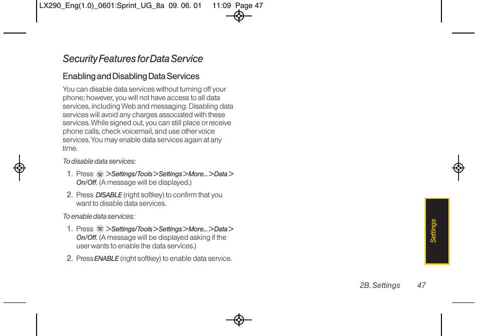 Security features for data service | LG LGLX290 User Manual | Page 59 / 141