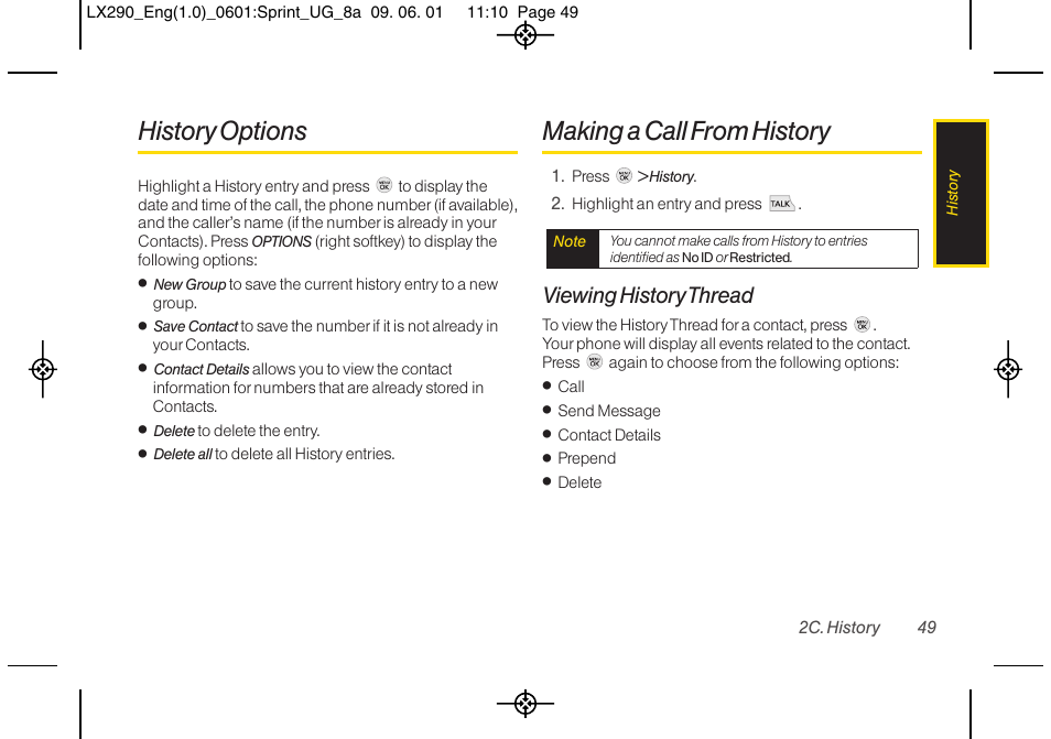 History options, Making a call from history, Viewing history thread | LG LGLX290 User Manual | Page 61 / 141
