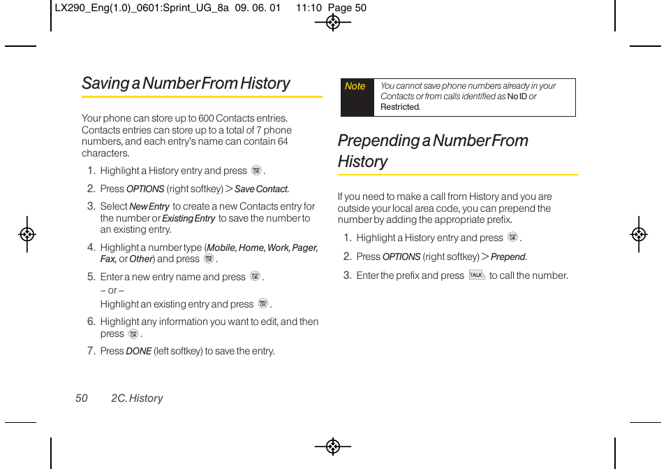 Saving a numberfrom history, Prepending a number from history | LG LGLX290 User Manual | Page 62 / 141