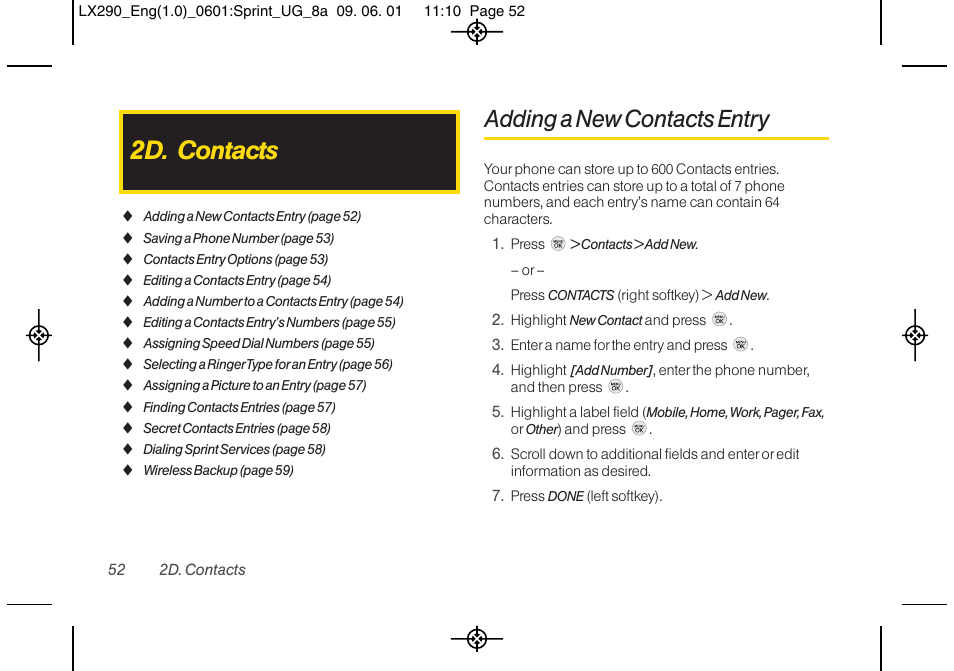 2d. contacts, Adding a new contacts entry | LG LGLX290 User Manual | Page 64 / 141