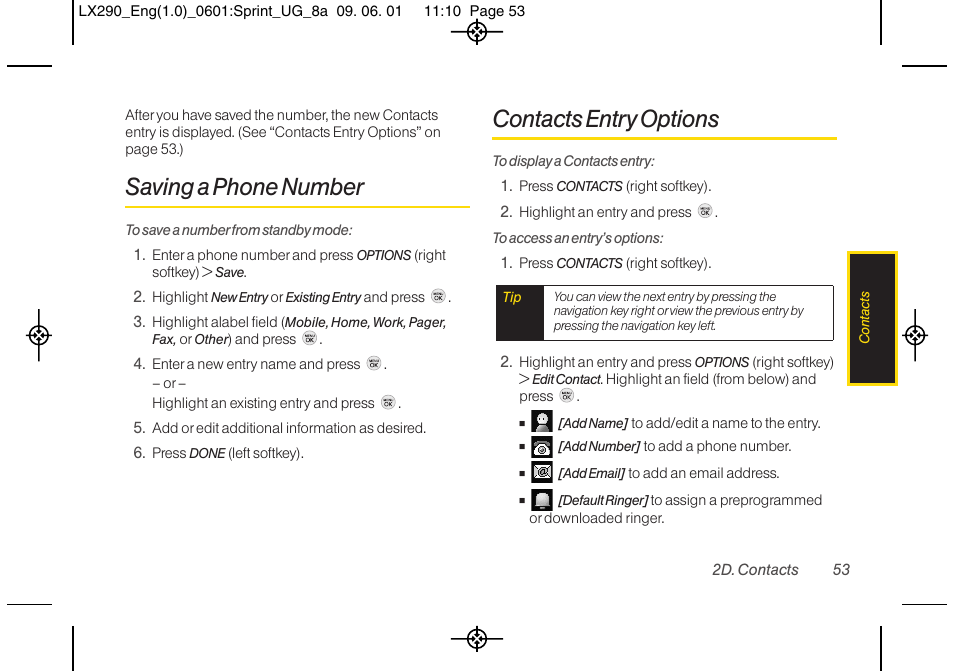 Saving a phone number, Contacts entry options | LG LGLX290 User Manual | Page 65 / 141