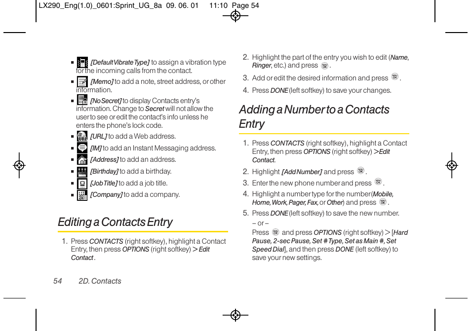 Editing a contacts entry, Adding a number to a contacts entry | LG LGLX290 User Manual | Page 66 / 141