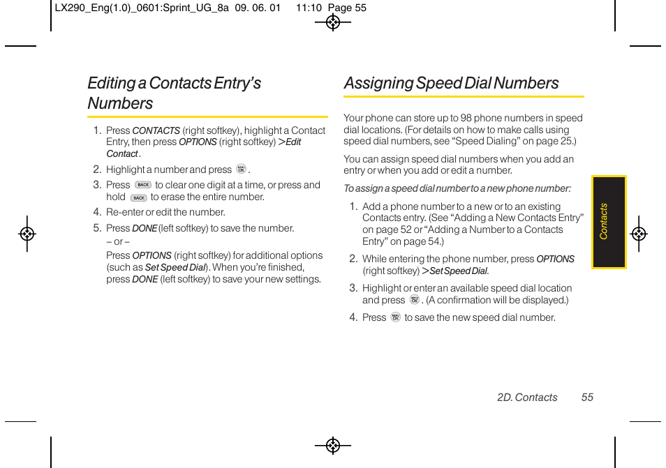 Editing a contacts entry’s numbers, Assigning speed dial numbers | LG LGLX290 User Manual | Page 67 / 141