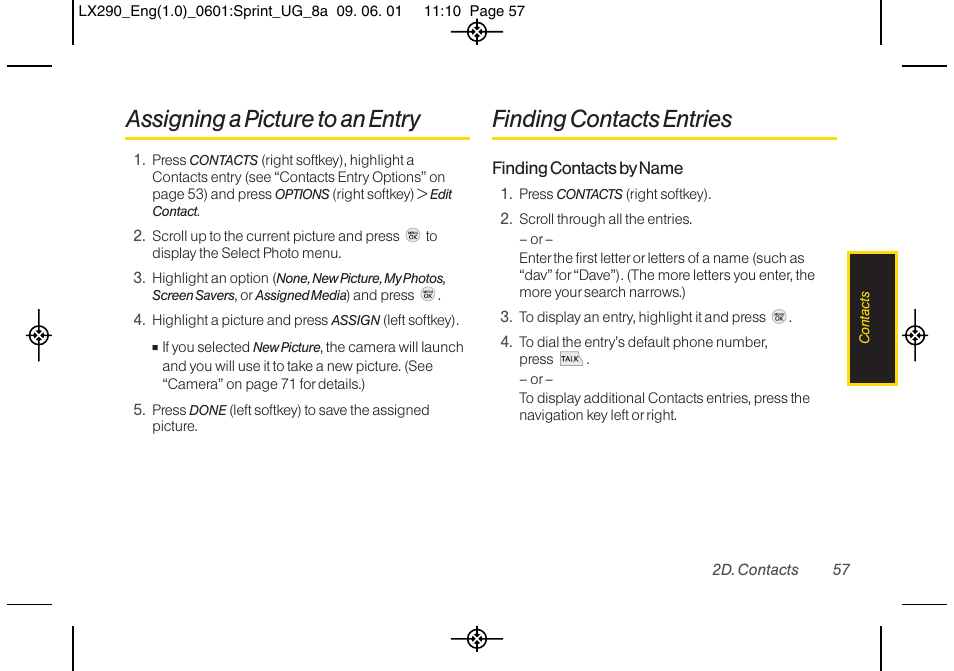 Assigning a picture to an entry, Finding contacts entries | LG LGLX290 User Manual | Page 69 / 141