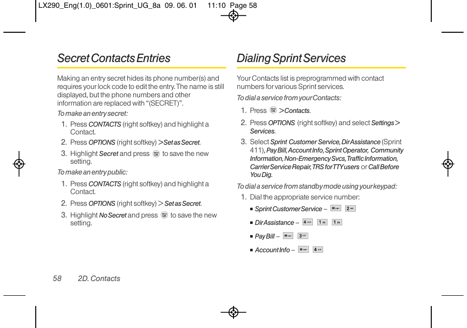 Secret contacts entries, Dialing sprint services | LG LGLX290 User Manual | Page 70 / 141