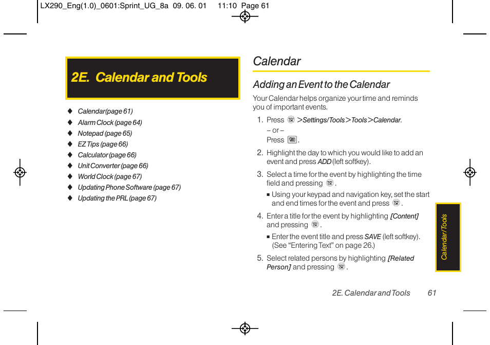 2e. calendar and tools, Calendar, Adding an event to the calendar | LG LGLX290 User Manual | Page 73 / 141