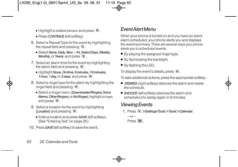 Event alert menu, Viewing events | LG LGLX290 User Manual | Page 74 / 141